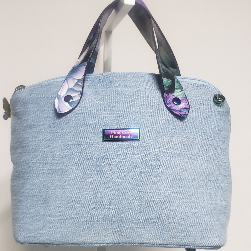 Handmade Light Blue Denim Handbag with Faux Leather Handles